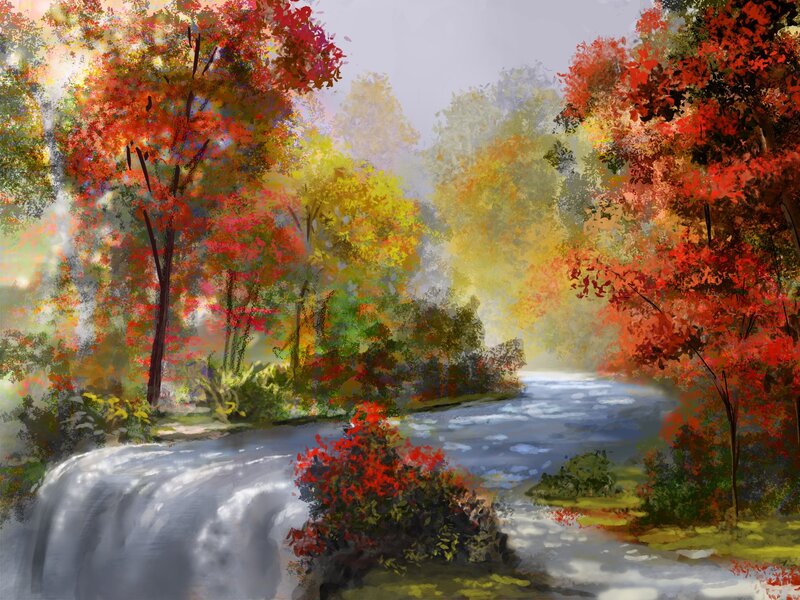 Autumn Forest Stream — Red, Serene, Digital Art, Trees