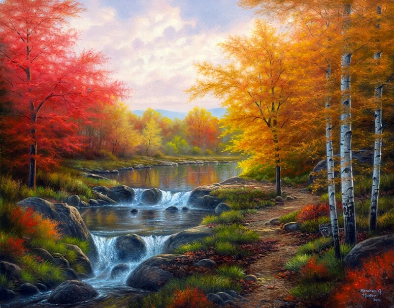 Autumn Forest Stream — Red, Serene, Painting