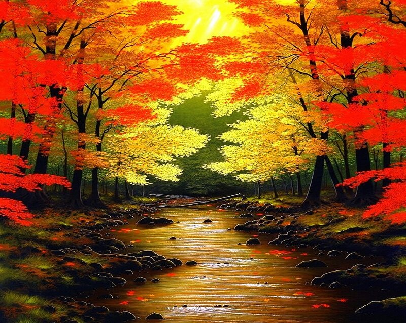 Autumn Forest Stream — Red, Serene, Painting, Trees, River, Leaves