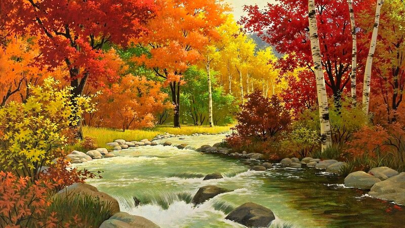 Autumn Forest Stream — Red, Serene, Painting, Trees, River, Rocks