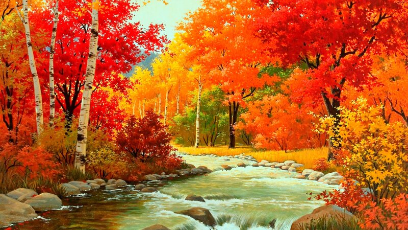 Autumn Forest Stream — Red, Serene, Painting, Trees, River