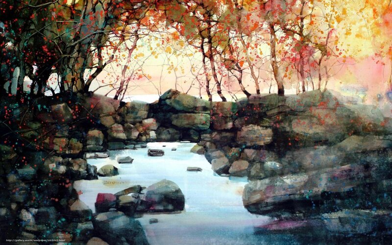 Autumn Forest Stream — Red, Serene, Painting, Trees, Rocks