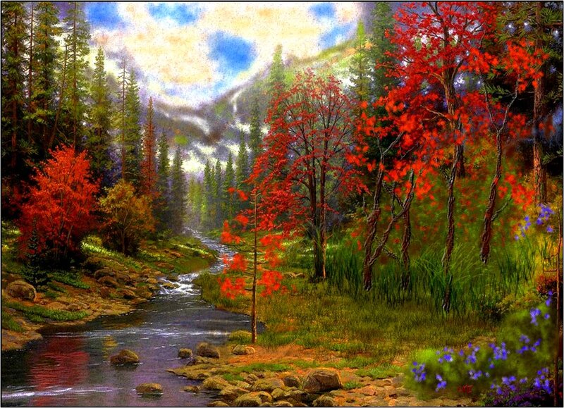 Autumn Forest Stream — Red, Serene, Painting, Trees