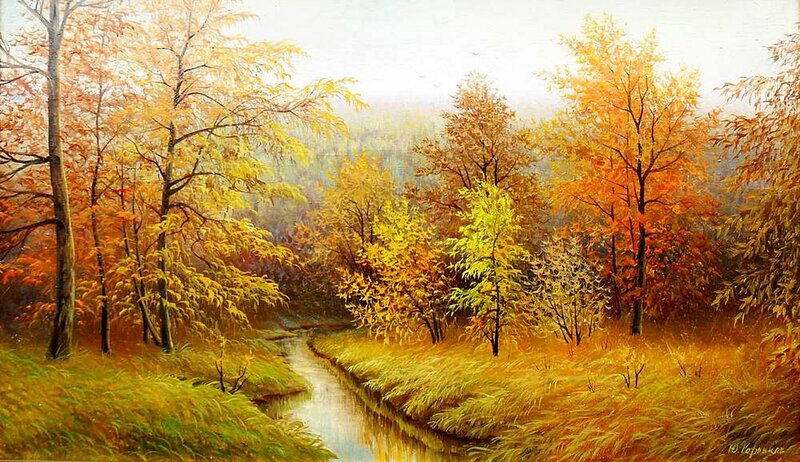 Autumn Forest Stream — Yellow, Serene, Painting