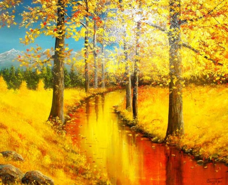 Autumn Forest Stream — Yellow, Serene, Painting, Trees, Mountain