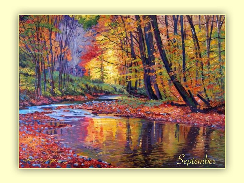 Autumn Forest Stream — Yellow, Serene, Painting, Trees, River
