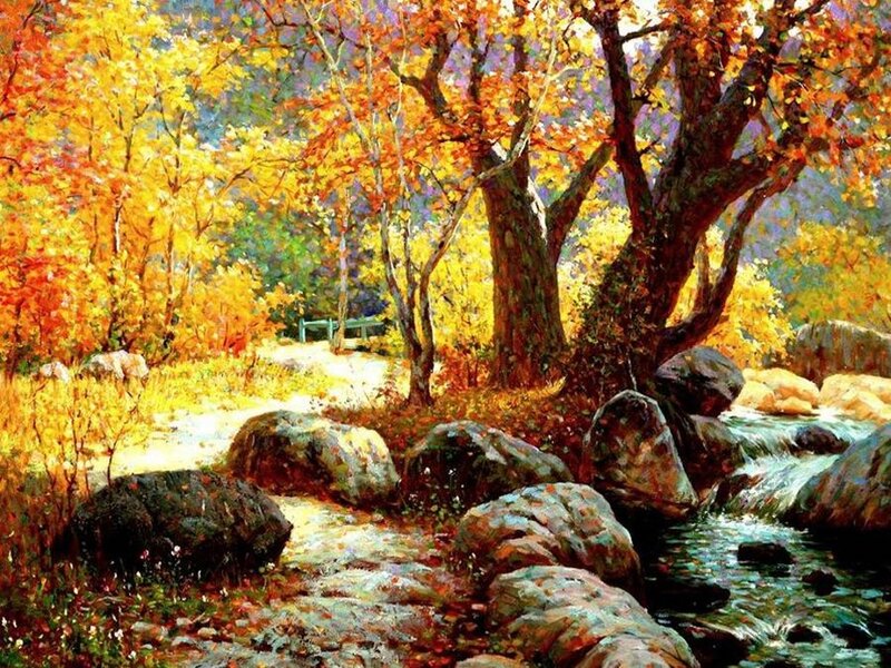 Autumn Forest Stream — Yellow, Serene, Painting, Trees, Rocks
