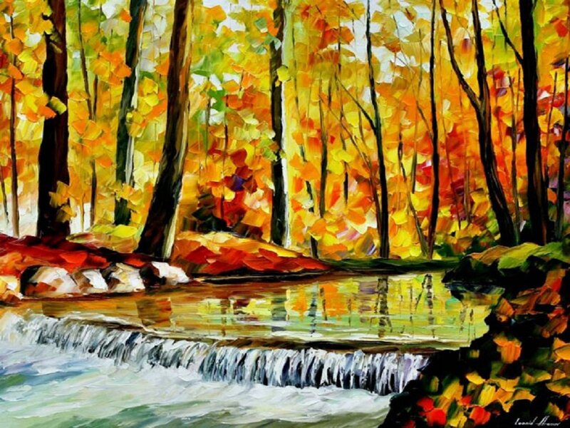 Autumn Forest Stream — Yellow, Serene, Painting, Trees