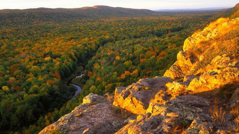 Autumn Forest Valley — Green, Serene, Sunset, Photograph, River