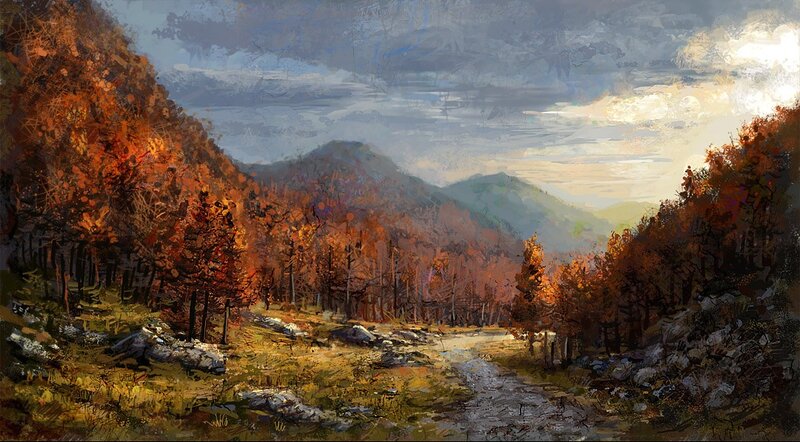 Autumn Forest Valley — Orange, Dramatic, Painting