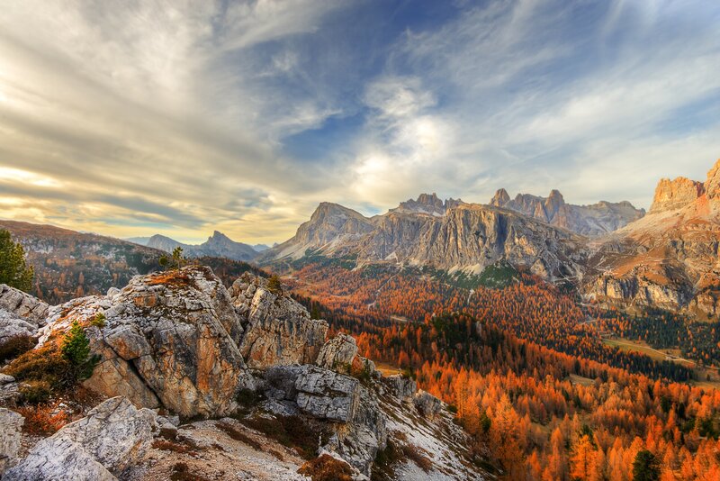 Autumn Forest Valley — Orange, Dramatic, Photograph, Mountains, Trees, Rocks