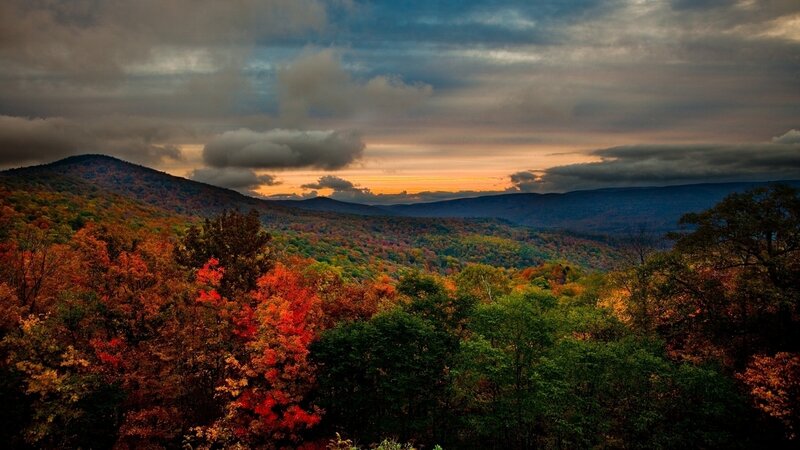 Autumn Forest Valley — Orange, Dramatic, Sunset, Photograph, Mountains, Trees