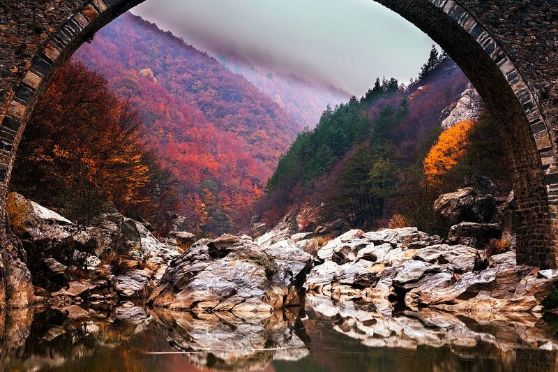Autumn Forest Valley — Red, Serene, Photograph, Stone Arch