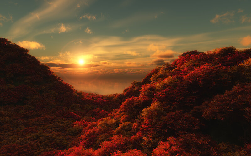 Autumn Forest Valley — Red, Serene, Sunset, Digital Art