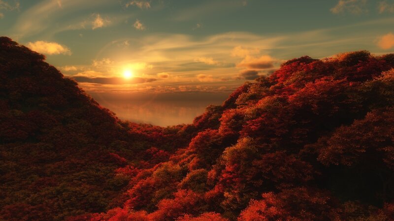 Autumn Forest Valley — Red, Serene, Sunset, Digital Art, Trees