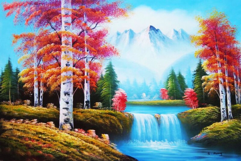 Autumn Forest Waterfall — Blue, Serene, Painting