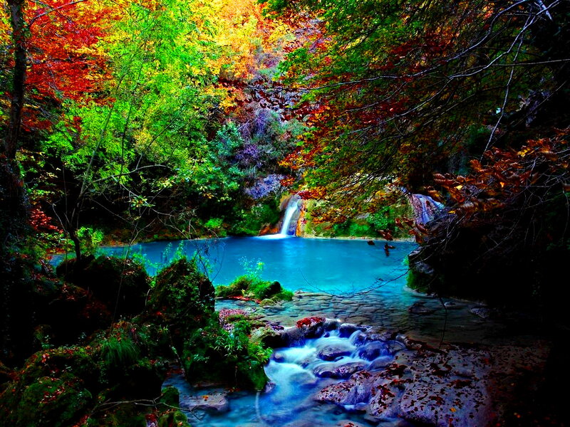 Autumn Forest Waterfall — Blue