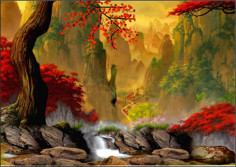 Autumn Forest Waterfall — Red, Serene, Digital Art
