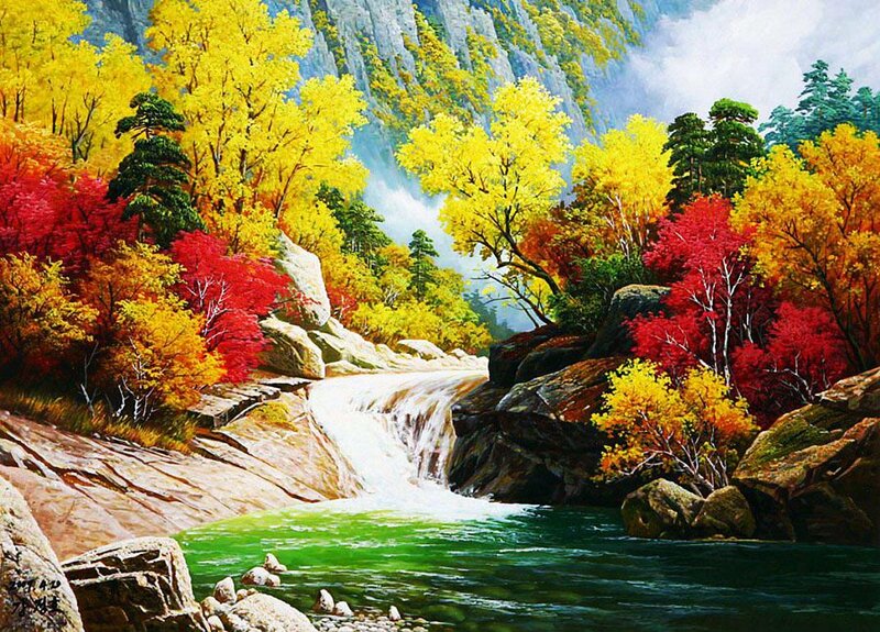 Autumn Forest Waterfall — Yellow, Serene