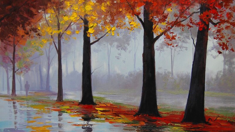 Autumn forest with fallen leaves