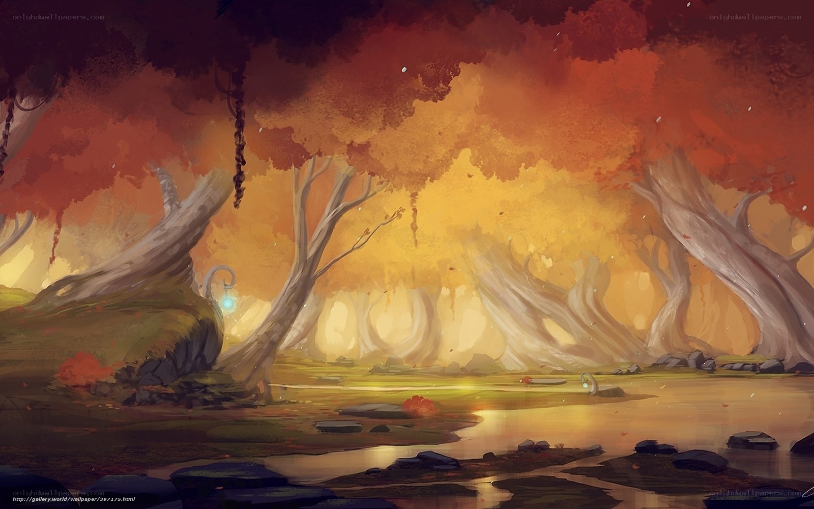 Autumn forest with glowing lantern