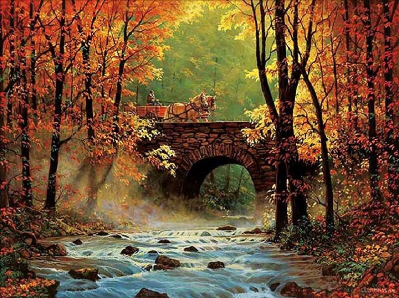 Autumn forest with horse-drawn carriage