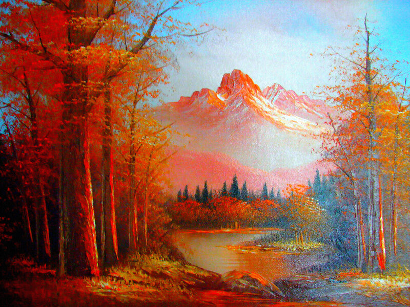 Autumn Forest with Lake — Red, Serene
