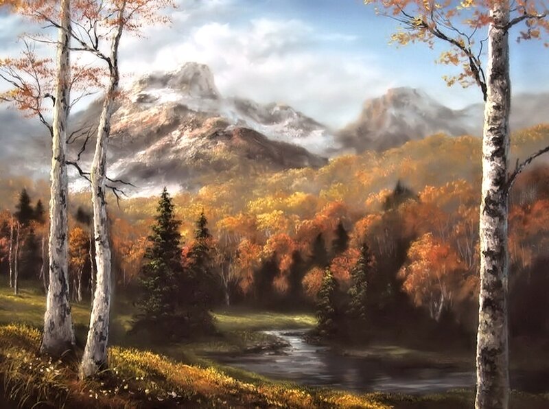 Autumn Forest with Mountains — Orange, Serene, Painting, Trees