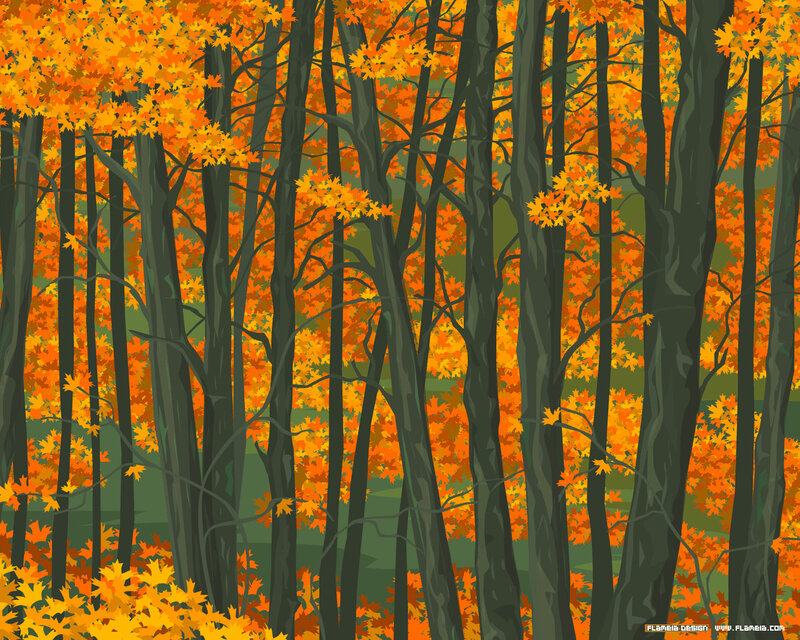 Autumn forest with orange leaves