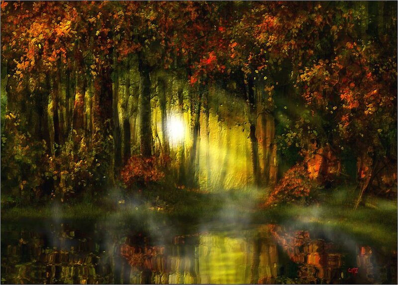 Autumn Forest with Pond — Green, Serene, Digital Art