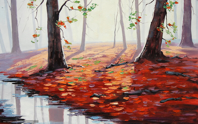 Autumn Forest with Pond — Red, Serene, Painting
