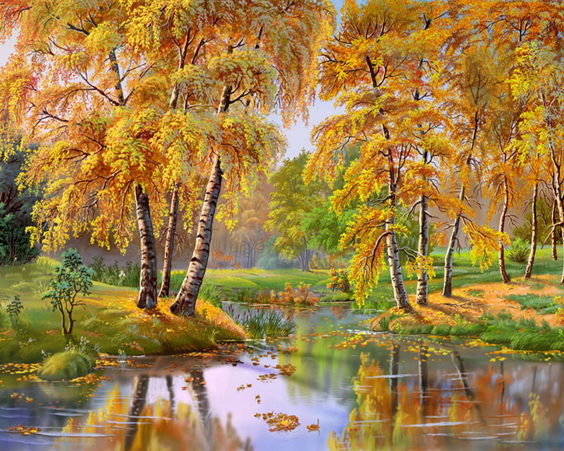 Autumn Forest with Pond — Yellow