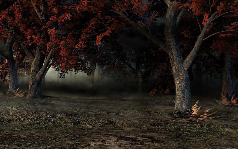 Autumn Forest with Red Leaves — Mysterious