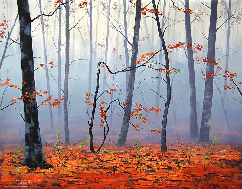 Autumn Forest with Red Leaves — Orange, Misty