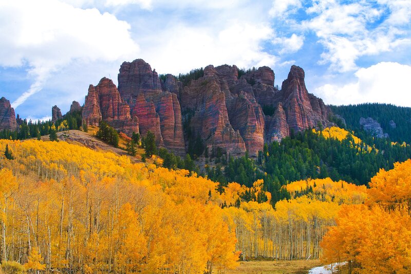 Autumn Forest with Red Rocks