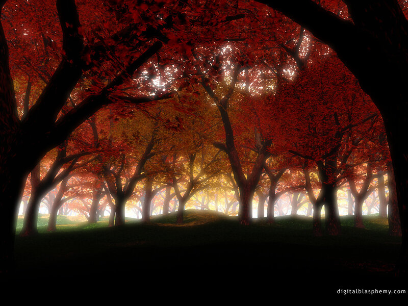 Autumn Forest with Red Trees — Serene, Digital Art, Light