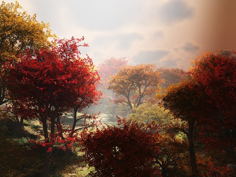 Autumn Forest with Red Trees — Serene, Digital Art
