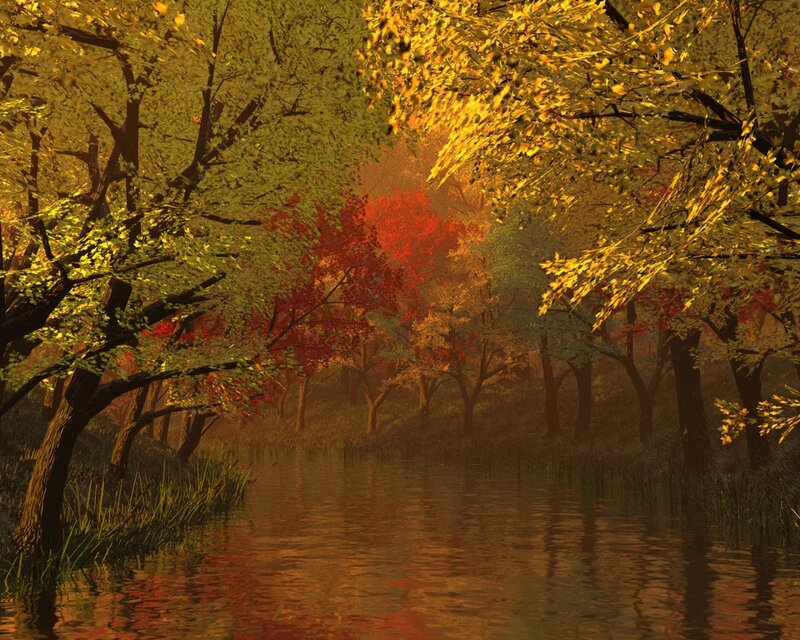 Autumn Forest with River — Gold