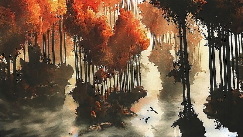 Autumn Forest with River — Orange, Serene, Digital Art