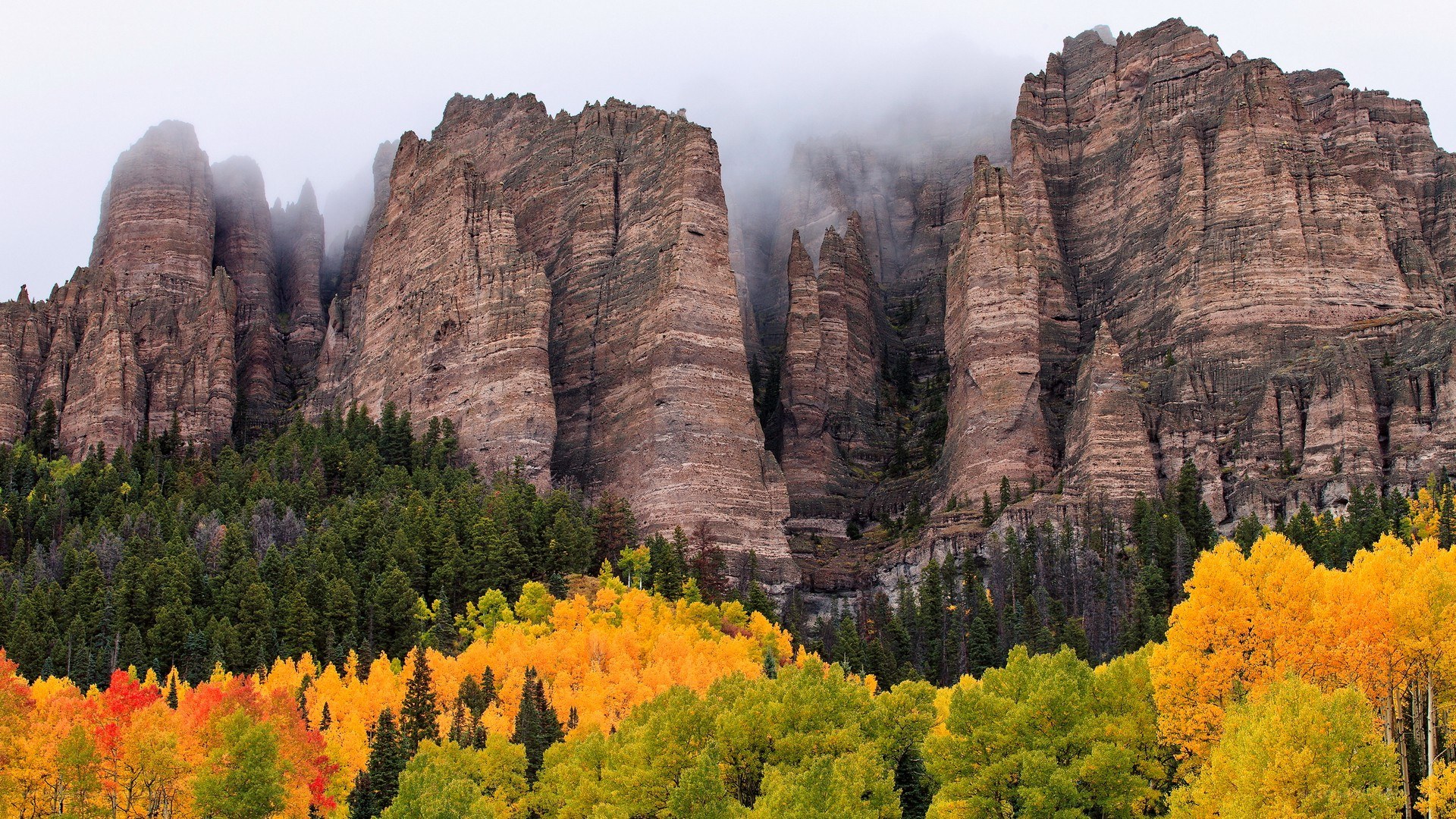 autumn forest with rocky cliffs