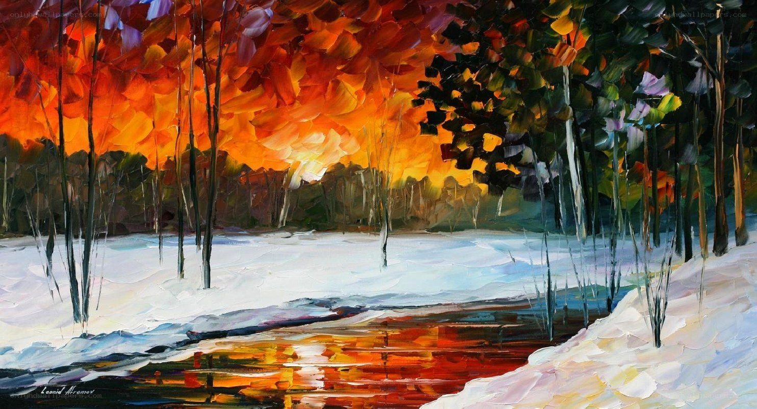 Autumn forest with snowy river