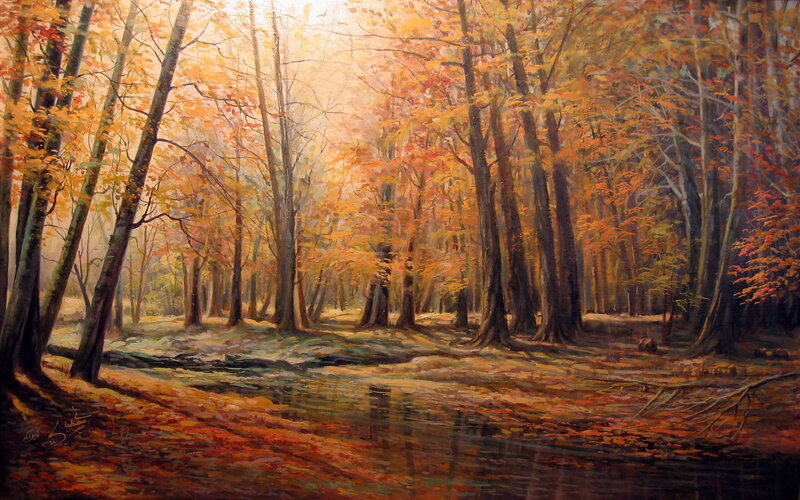 Autumn Forest with Stream — Orange, Serene, Painting