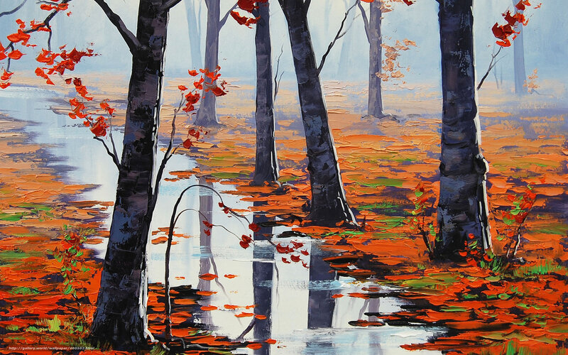 Autumn Forest with Stream — Orange, Serene, Painting, Trees, Leaves