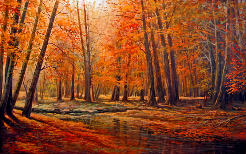 Autumn Forest with Stream — Orange, Serene, Painting, Trees