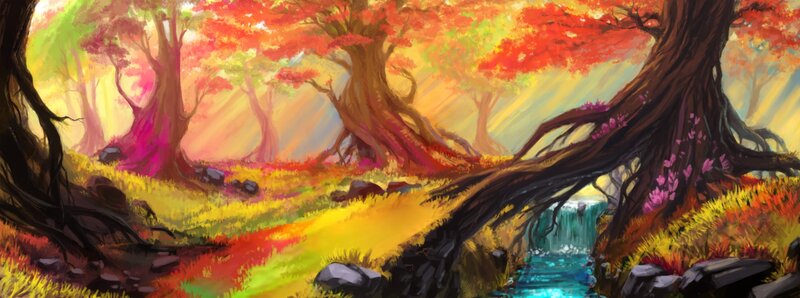 Autumn Forest with Stream — Red, Serene, Digital Art