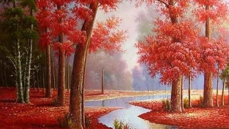 Autumn Forest with Stream — Red, Serene, Painting
