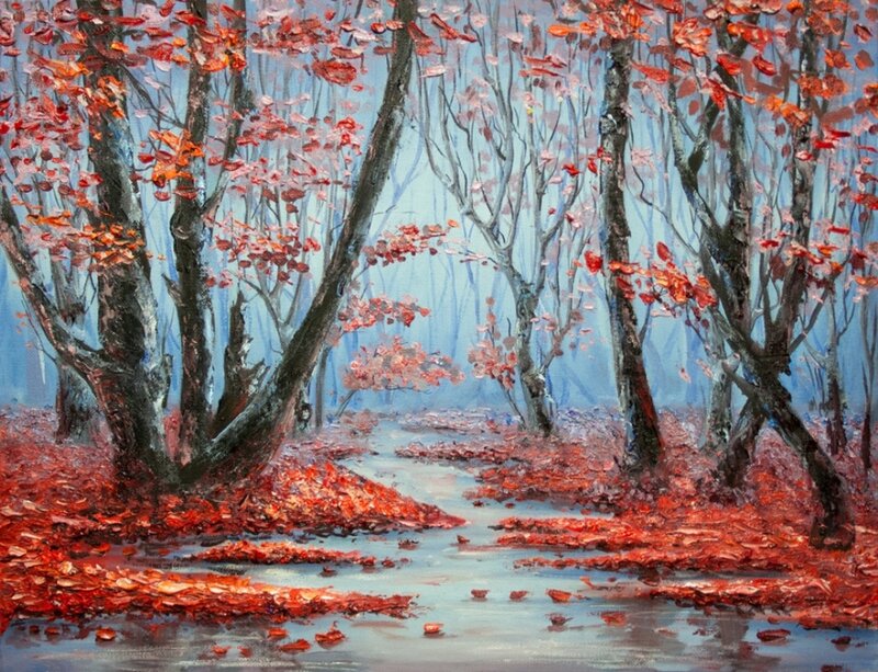 Autumn Forest with Stream — Red, Serene, Painting, Trees