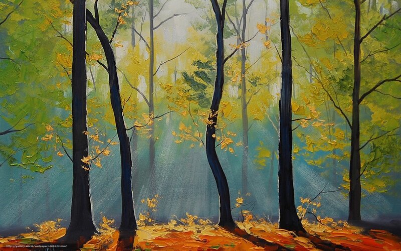 Autumn Forest with Trees — Green, Serene, Painting
