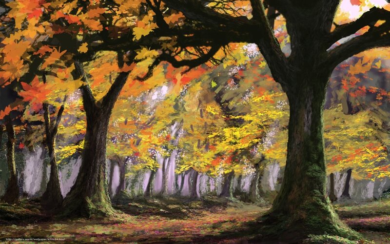 Autumn Forest with Trees — Orange, Serene, Digital Art
