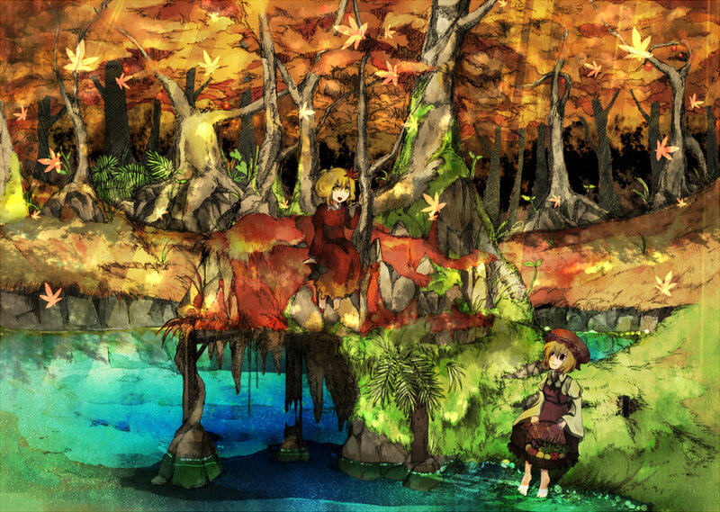 Autumn forest with two girls